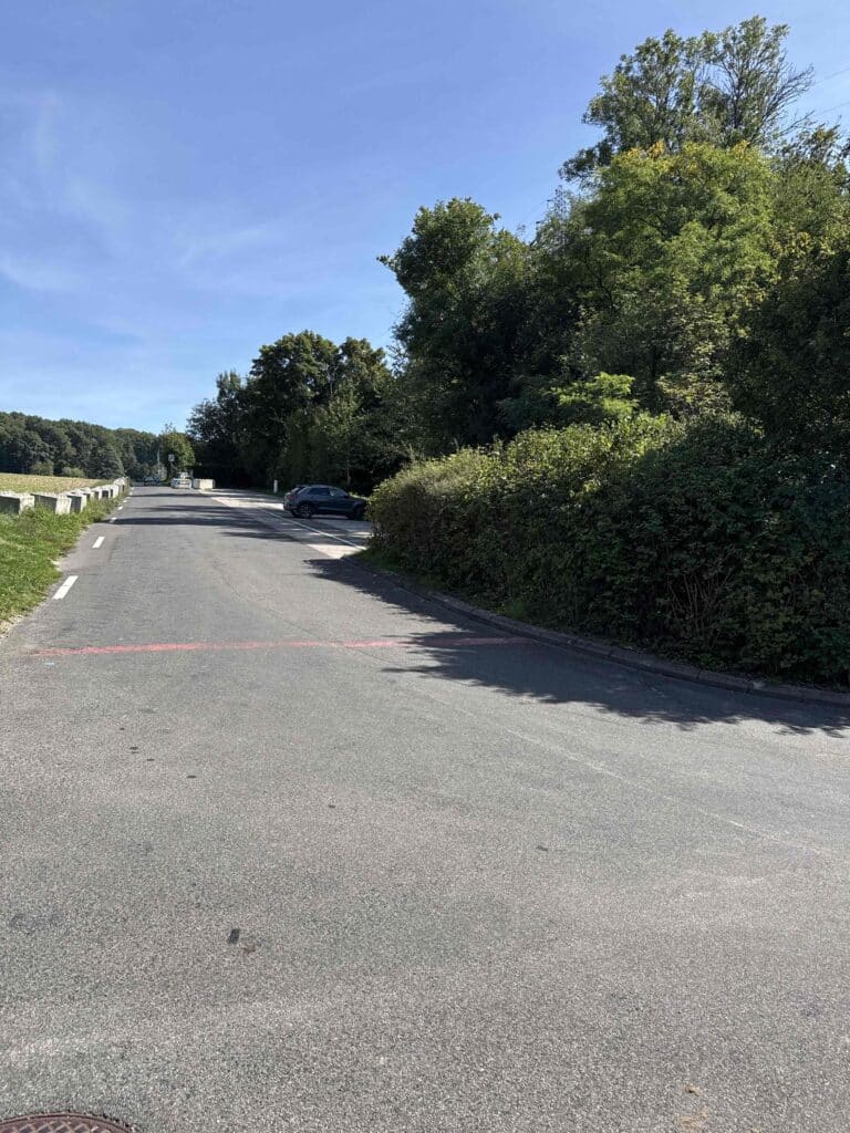 Route entourée de verdure et voiture stationnée.