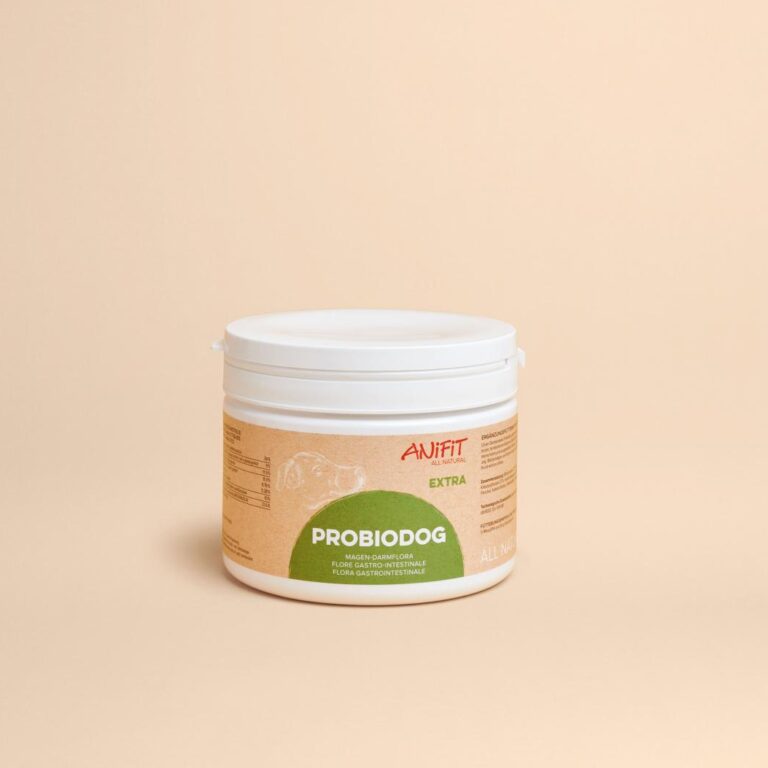 Pot de complément alimentaire Probiodog pour chiens.