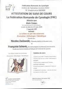 Attestation de suivi de cours en cynologie.