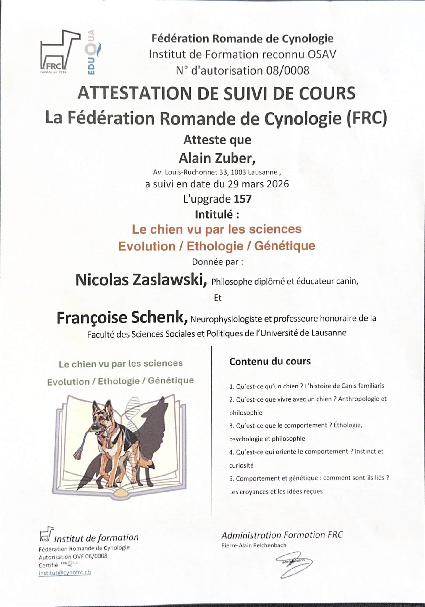 Attestation de suivi de cours en cynologie.