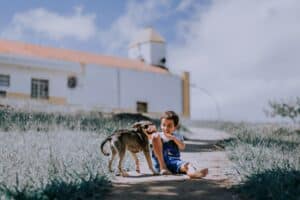A joyful boy plays with a dog on a sunny dirt road by a house.