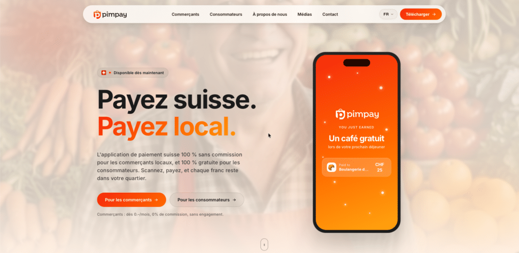 Page d’accueil Pimpay, application de paiement suisse locale