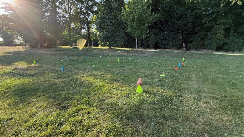 Parcours de cônes colorés dans un parc ensoleillé