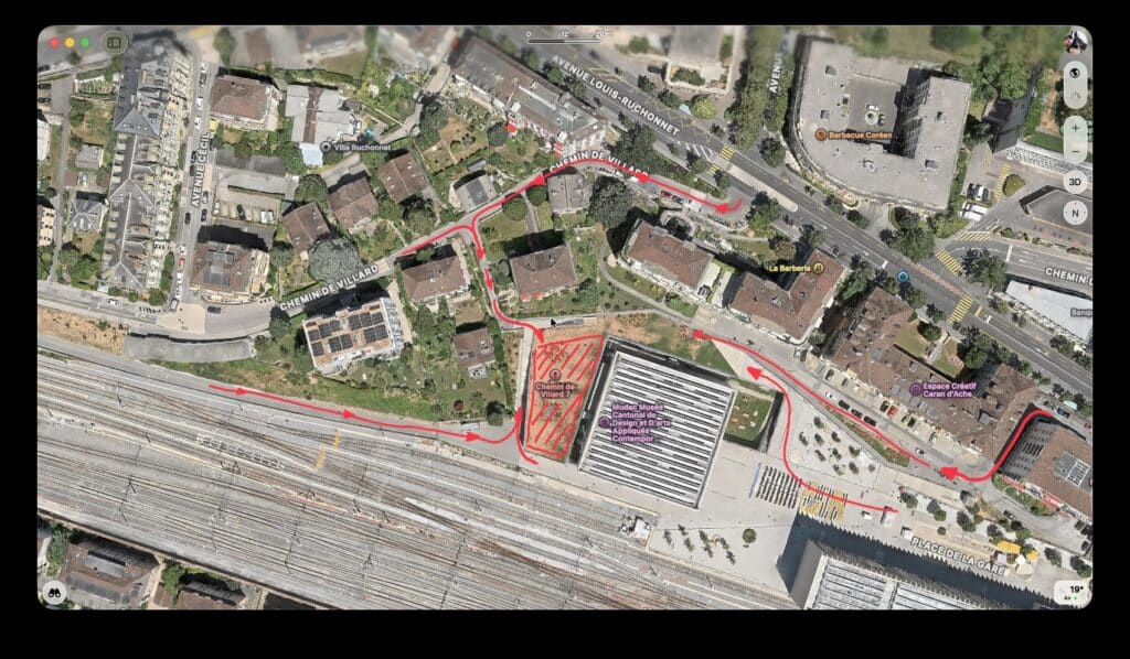 Vue aérienne d’un itinéraire près de la gare de Nyon